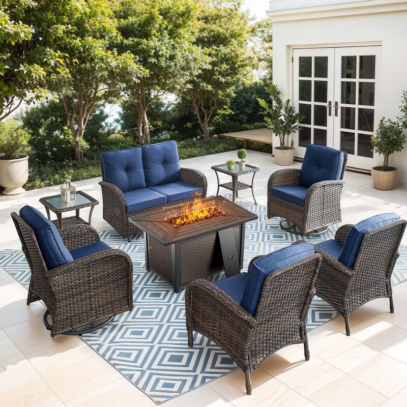Gymojoy 7-Piece Patio Set with Glider Loveseat, Swivel Chairs & Fire Pit Table for Backyard, Garden