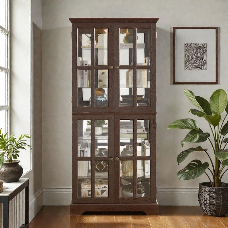 Antique Curio Display Cabinet with Glass Doors, 4 Door Vintage Showcase with Adjustable Shelves and Light