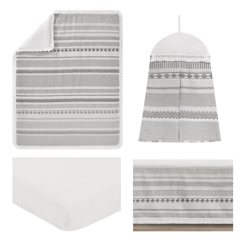 Grey Boho Tribal Bohemian Boy Girl Unisex Nursery Crib Bedding Set Jacquard Aztec Gender Neutral Modern Geometric Stripes Ivory