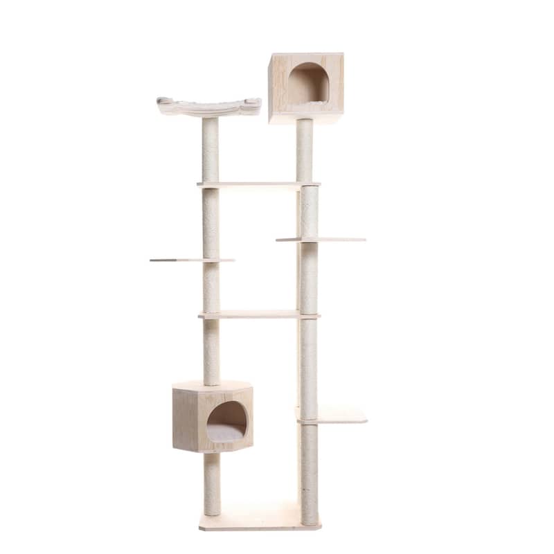 Real Wood Premium Scots Pine 89-Inch Cat Tree with Seven Levels, Two Playhouses - Natural Beige