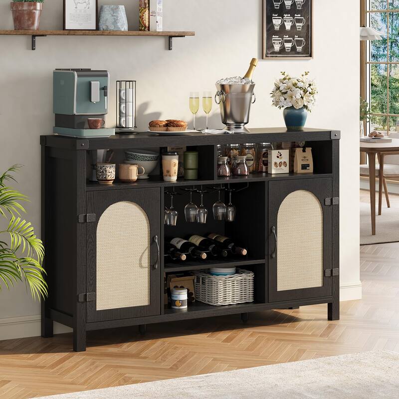 52" Rattan Sideboard Buffet Cabinet with Storage and Wine Racks, Farmhouse Kitchen Buffet Cabinet with Drawer - Black