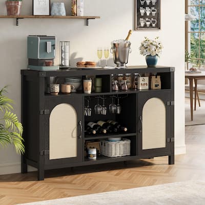 52" Rattan Sideboard Buffet Cabinet with Storage and Wine Racks, Farmhouse Kitchen Buffet Cabinet with Drawer