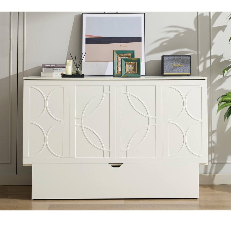 Queen Size Murphy Bed Cabinet with Storage Drawer, Folding Foam Mattress, USB & AC Charging Ports, and Smooth Glide Mechanism