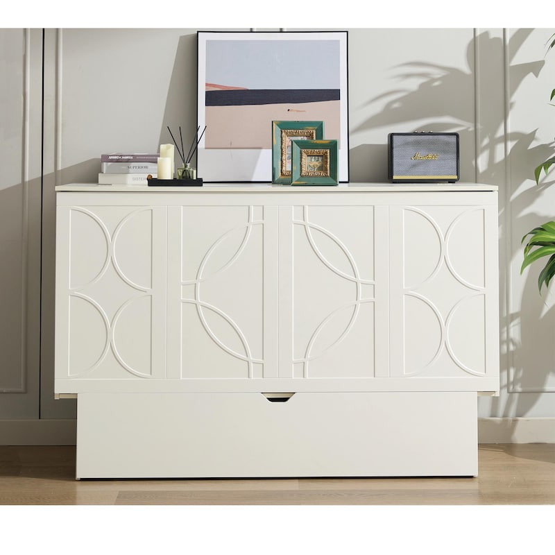 Queen Size Murphy Bed Chest with Storage Drawers, Wood Folding Wall Platform Bed Frame with Charging Station, Mattress Included
