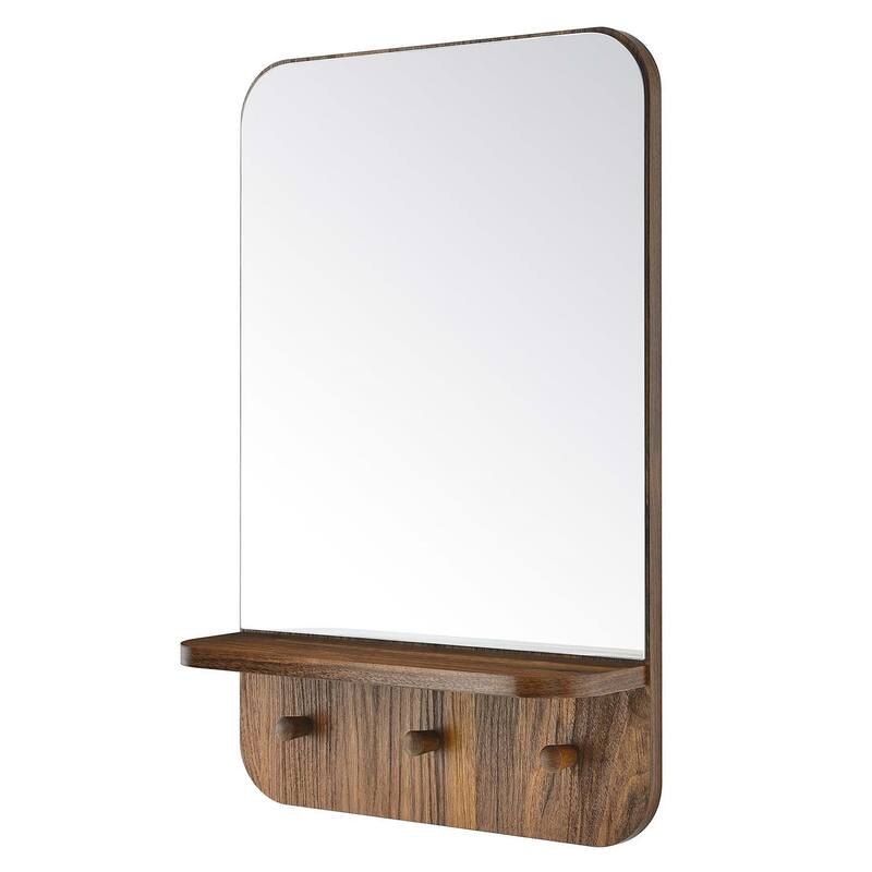 Hollow Modern Walnut Wall Mirror with Shelf and Hooks