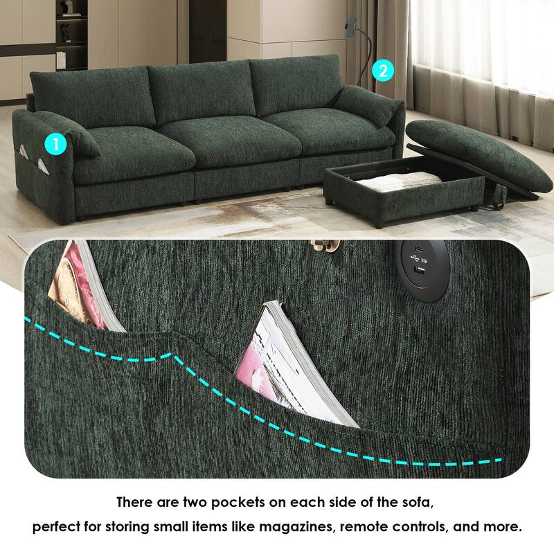 L Shaped Chenille Sectional Sofa with Storage Ottoman, Pockets, USB