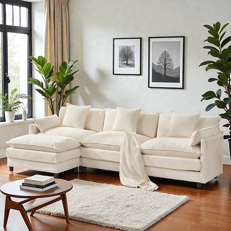 108 Inch L Shaped Modular Sectional Sofa, Chenille Cloud Couch with Ottoman, Deep Seat Modern Sofa