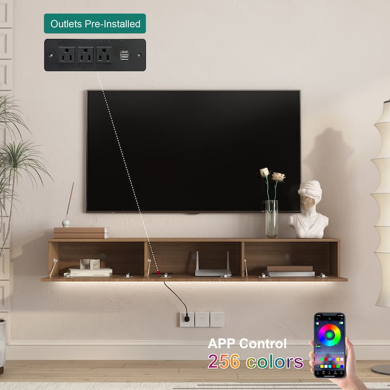 65" Floating TV Stand Wall Mounted with 16 Color LED Lights, Modern TV Cabinet for 55-65 Inch TVs