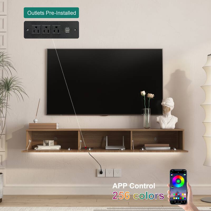 Floating TV Stand with 16-color LED Lights, Wall Mounted Media Console Entertainment Center for 55 60 65 Inch TVs - Brown