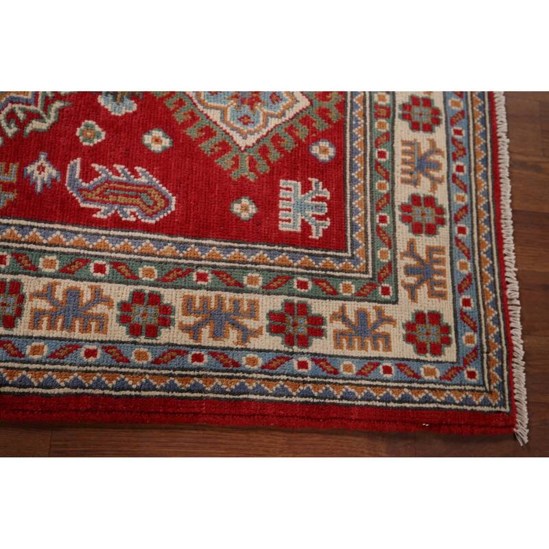 Geometric Red Kazak Oriental Accent Rug Hand-Knotted Wool Carpet - 2'8" x 4'1"