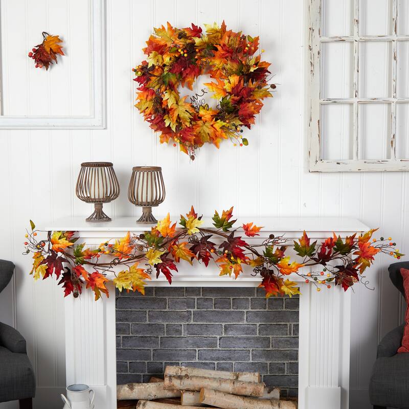 6’ x 6" Maple Leaves and Berries Artificial Fall Harvest Garland, Unlit