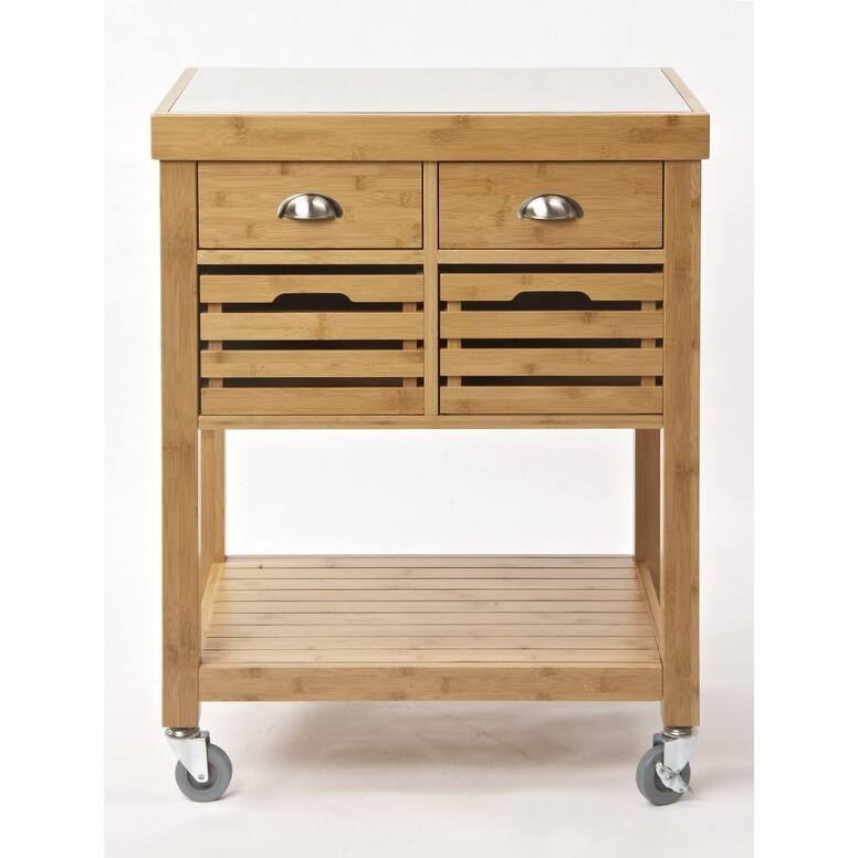 Hemenway Stainless Steel Top Bamboo Kitchen Cart - Kitchen Cart - Stainless Steel - Brown