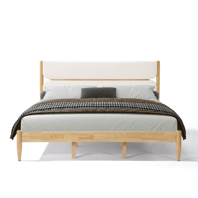 Roomfitters King Size Solid Wood Platform Bed Frame with Upholstered Fleece Headboard, Ivory