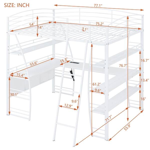 dimension image slide 0 of 2, Full Size Loft Bed with 4 Layers of Shelves and L-shaped Desk USB Ports and Wireless Charging, Black