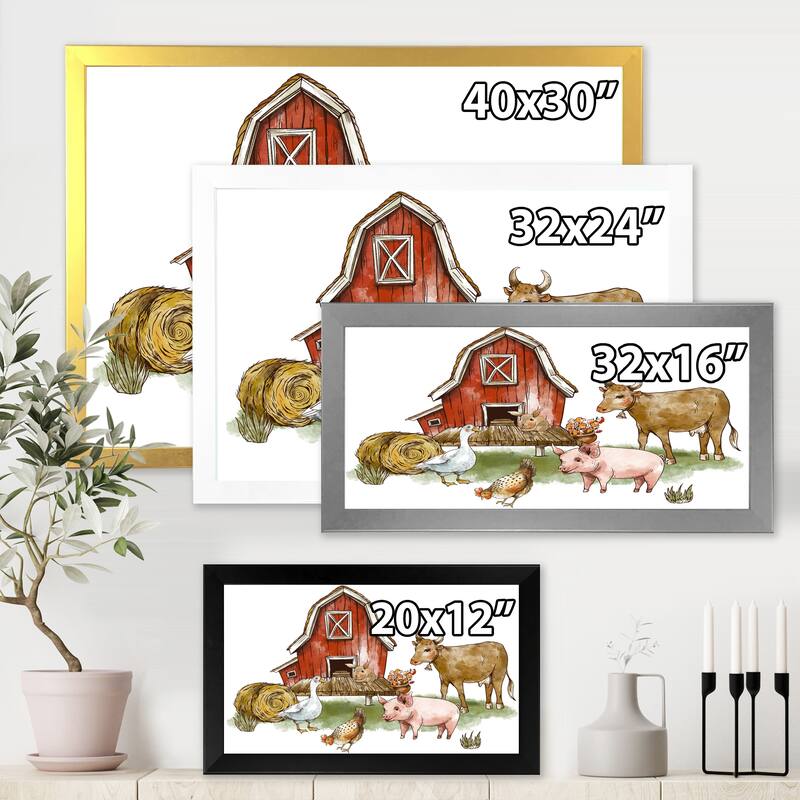 Designart "Farm House With Goose Chicken Cow Pig and Haystack" Rustic