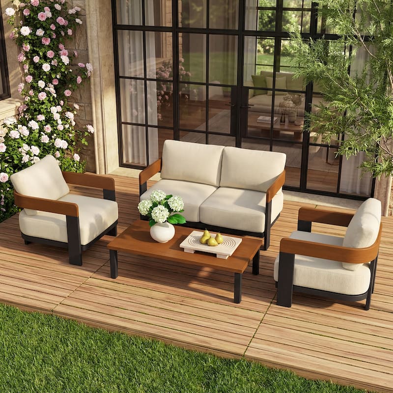 4-Piece Outdoor Patio Sofa Set with Coffee Table Rust-Resistant Steel Frame， Waterproof & UV-Resistant Olefin Cushions