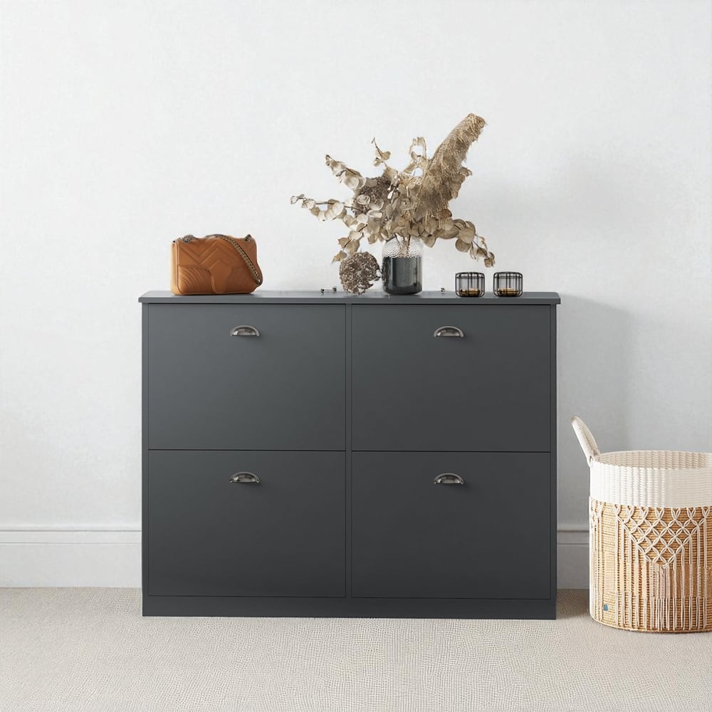 Slim Hidden Shoe Cabinet with 4 Flip Drawers, Narrow Entryway Shoe Rack, Adjustable Dividers, Original Wood Finish