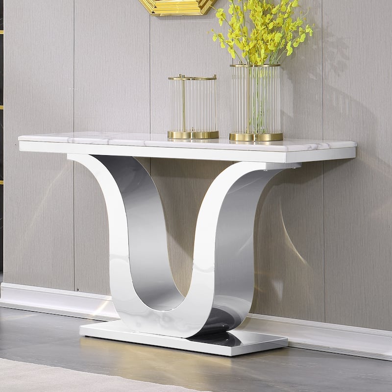 50 inch Luxury Console Table Rectangle Living Room White Sofa Entryway Table with Stainless Steel U Base - Silver