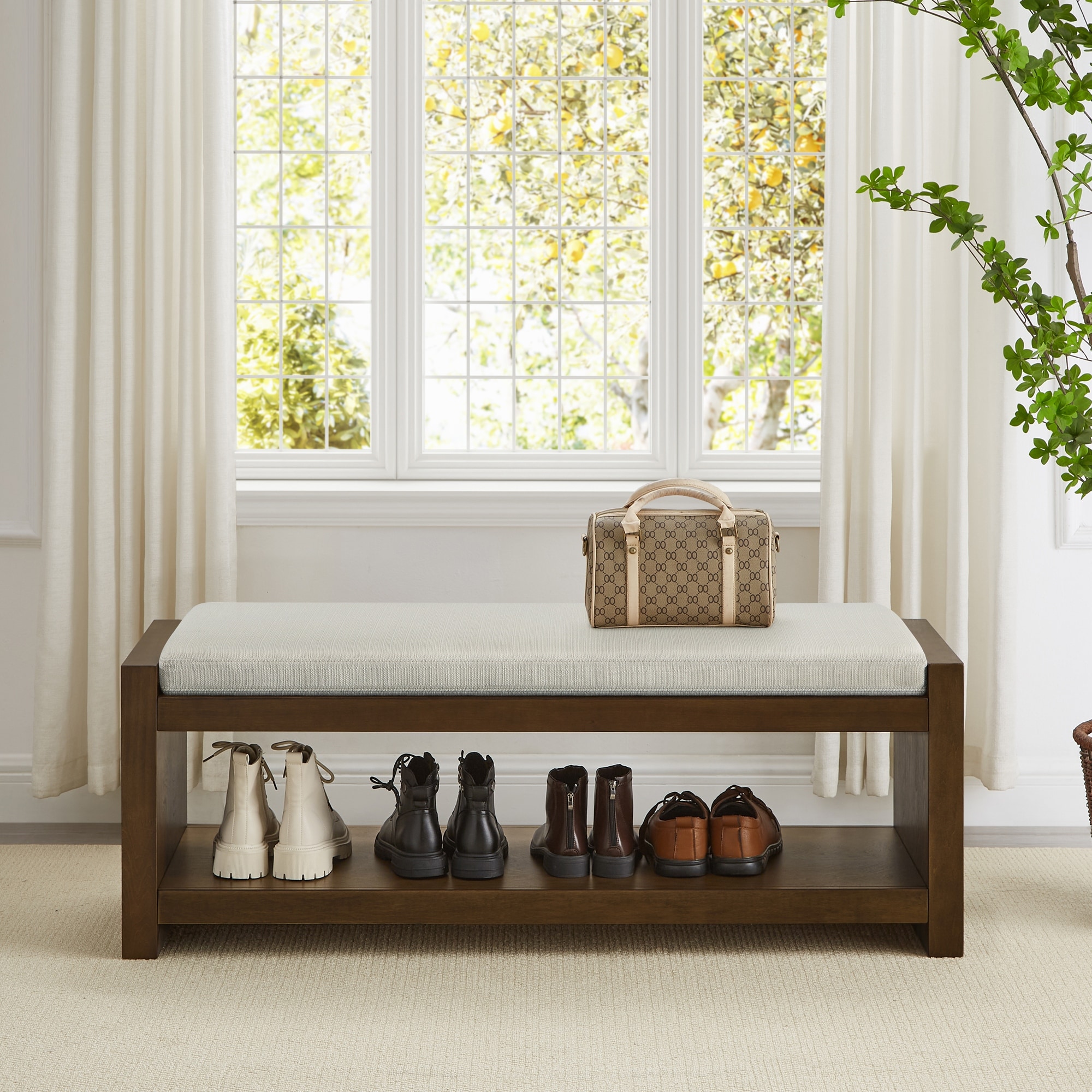 Accent Bench With Lower Shelf Shoe Rack And Removable Cushion
