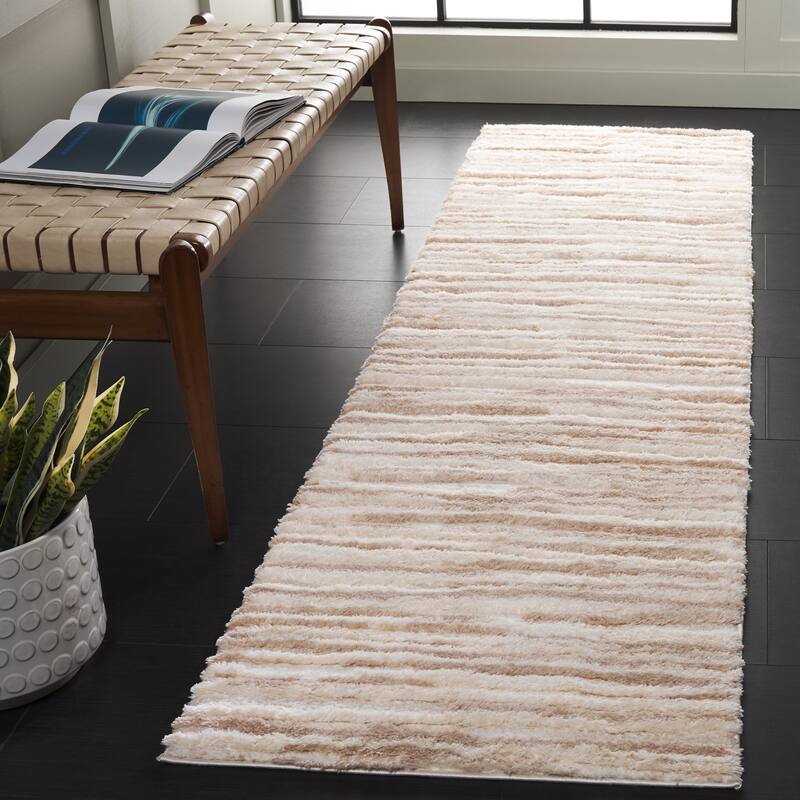 SAFAVIEH Seattle Thorun Shag Modern Striped 1-inch Thick Rug - 2'3" x 8' Runner - Ivory/Beige