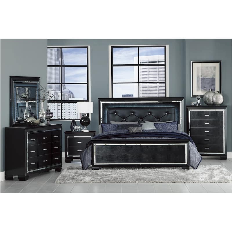 Audi 5 Piece Black Modern Faux Leather Upholstered Tufted LED Panel Bedroom Set - Full