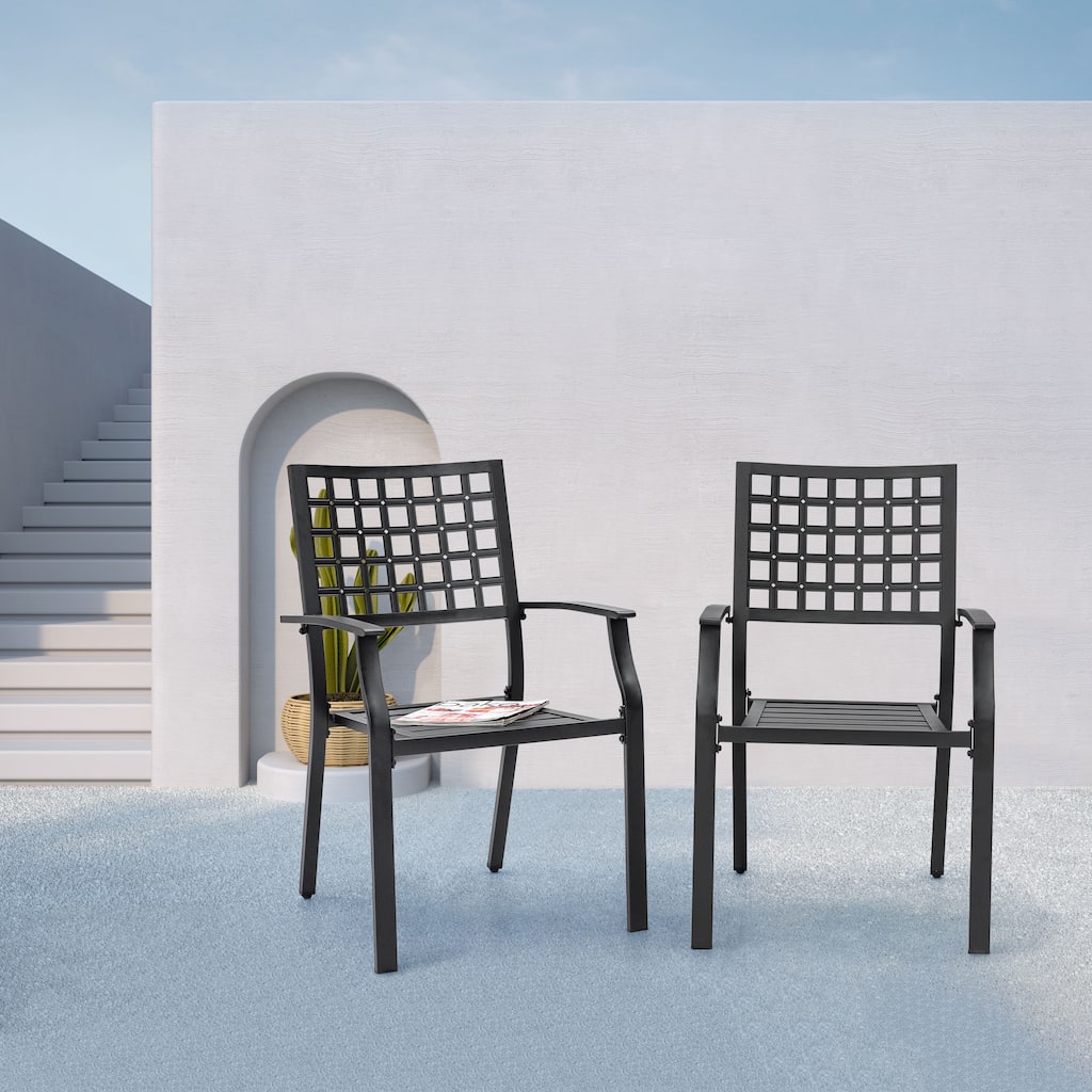 Outdoor Patio Dining Chair Set of 2, Powder-coated Iron Frame, Black
