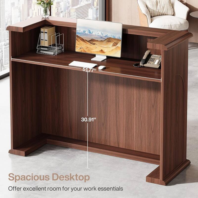 55 Inches Reception Desk, Modern Large Front Counter Desk for Checkout, Lobby, Salon, Office, Walnut