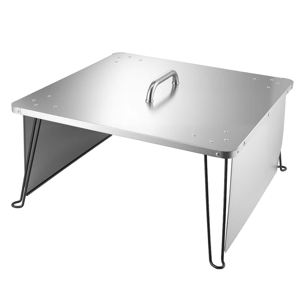 Silver Stainless Steel Square Bonfire Heat Deflector with Foldable Legs for Fire Pits - 25.4 x 25.4 x 14.57 inches