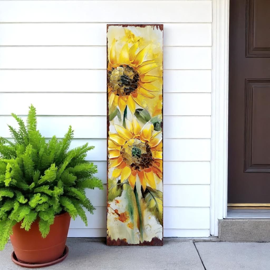 HomeRoots 36" Brown Green And Yellow Solid Wood Sunflowers Porch Sign