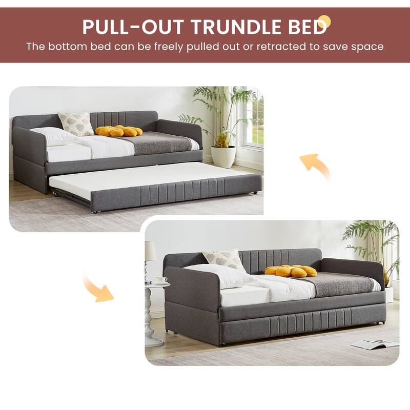 Grey Twin Size Daybed with Trundle, Sturdy Metal Frame, Space-Saving Design, Noise-Free, Easy Assembly