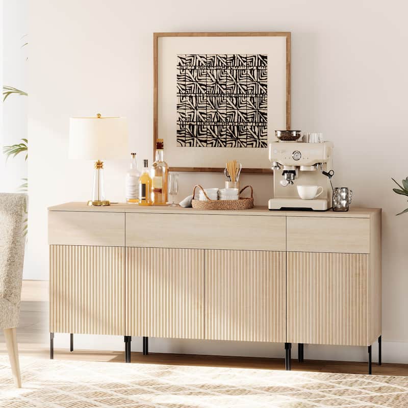 63" Wooden Reeded Sideboard With Doors And Drawers, 3-In-1 Modern Credenza With Charging