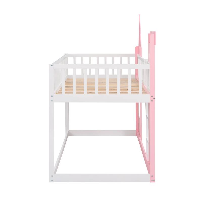 Pink Twin Over Twin Castle Bunk Bed with Ladder - Kids Play & Sleep Space