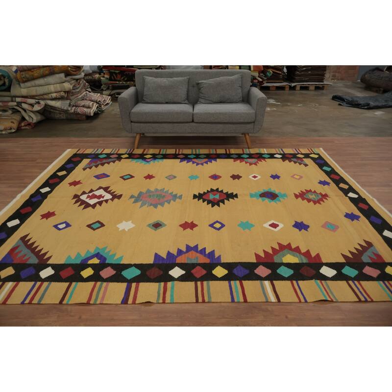 Hand Woven Oriental 100% Wool Carpet Southwestern Tribal Yellow & Gold Kilim Area Rug - 9' 10'' X 8' 2''
