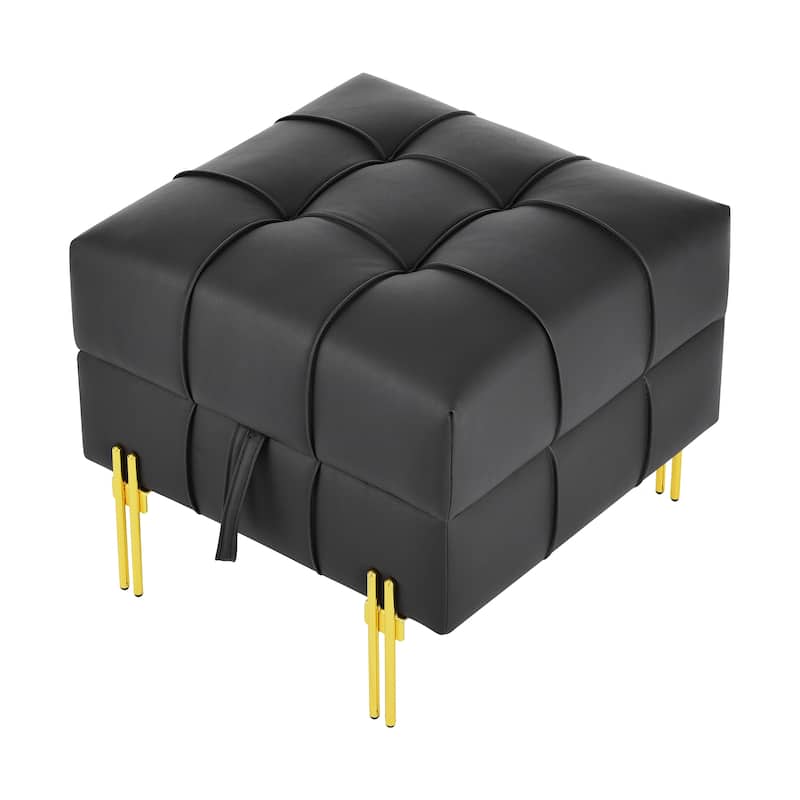 Square Leather Storage Ottoman, Tufted Upholstered Footstool with Flip Top, Entryway Bench with Stainless Steel Legs