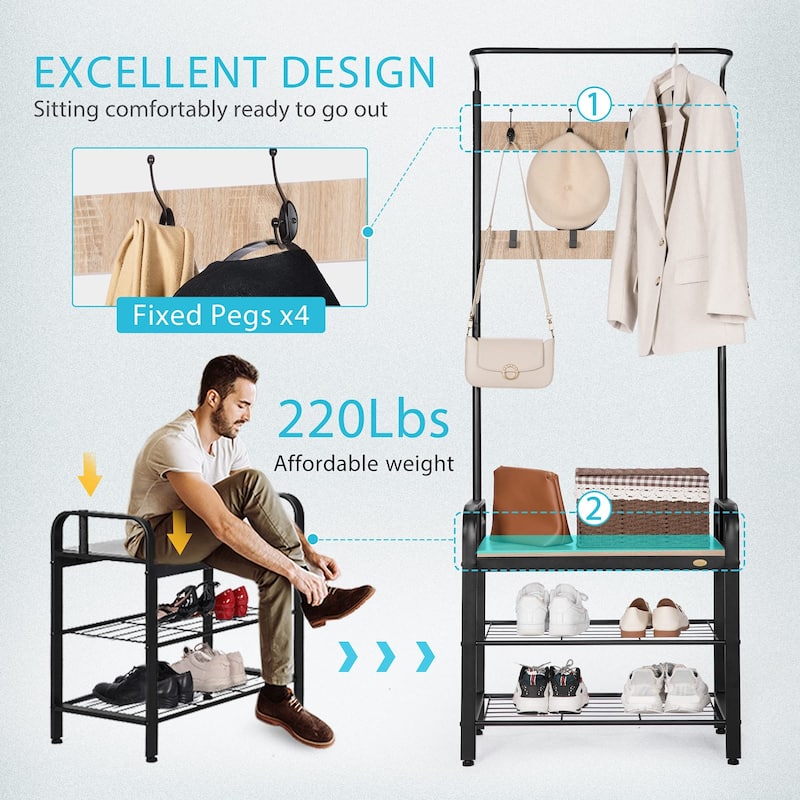 3-in-1 Entryway Hall Tree, Heavy Duty MDF Stand Coat Rack with Storage Bench, Industrial Wood Furniture with Stable Metal Frame