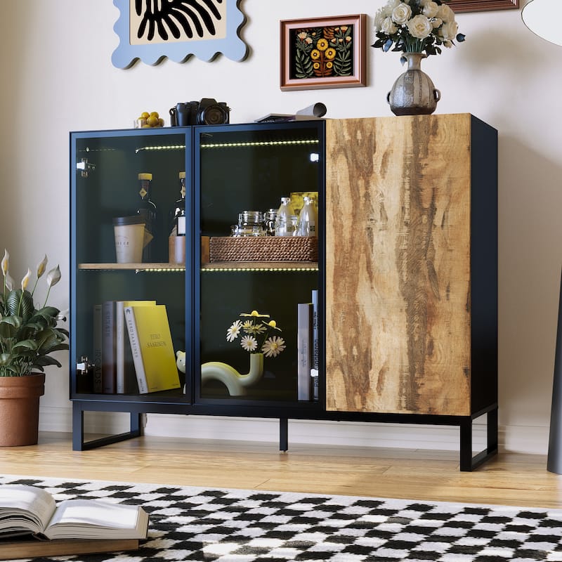 Sideboard Bookshelves Cabinet with LED Light,Glass Doors 47.2” Storage Display Cabinet - 47.2"W