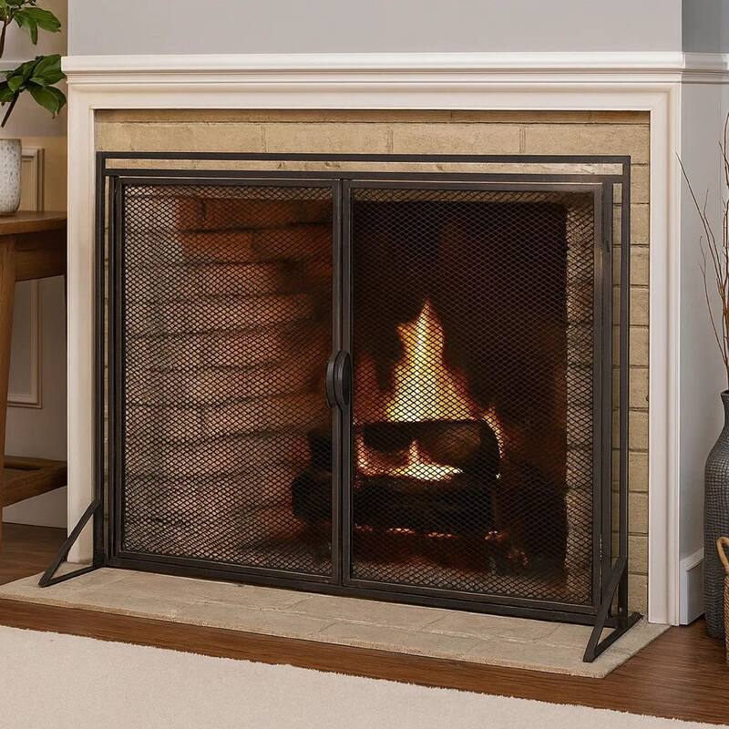 31x40 Fireplace Screen, 2 Door Diamond Mesh Design, Black Bronze Iron