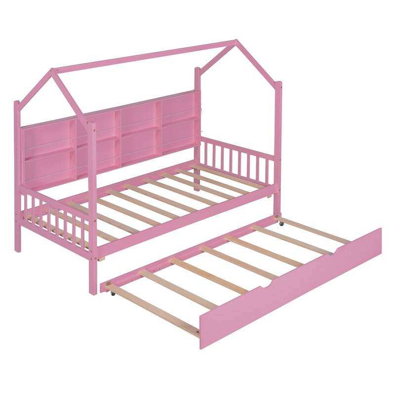 Wooden Twin/Full Size House Bed with Trundle, Kids Bed with Storage