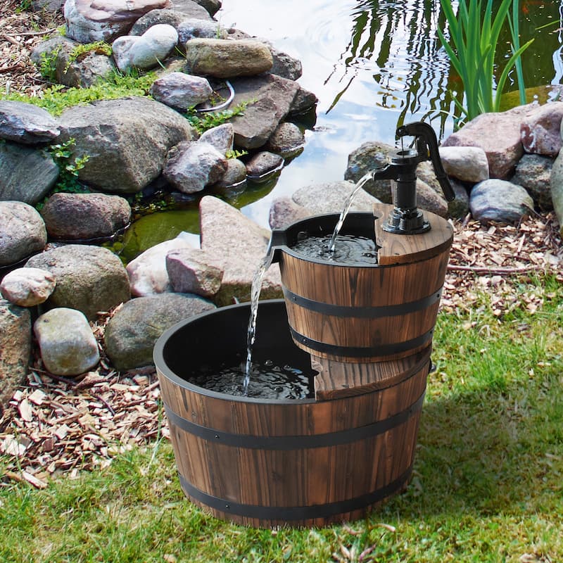 Outsunny Accent Two-Tier Rustic Wooden Barrel Fountain - Wood/Iron - Floor - Brown
