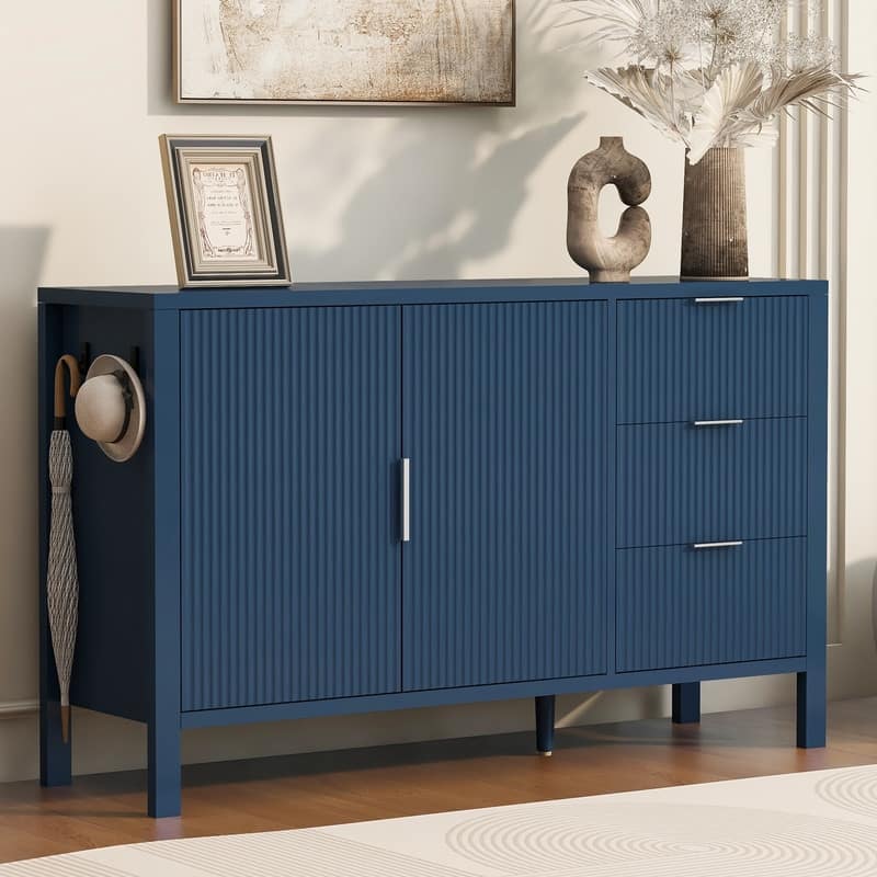 Modern Fluted 2-Door Sideboard with 3 Storage Drawers and Adjustable Hooks for Living Room,Entryway,Hallway