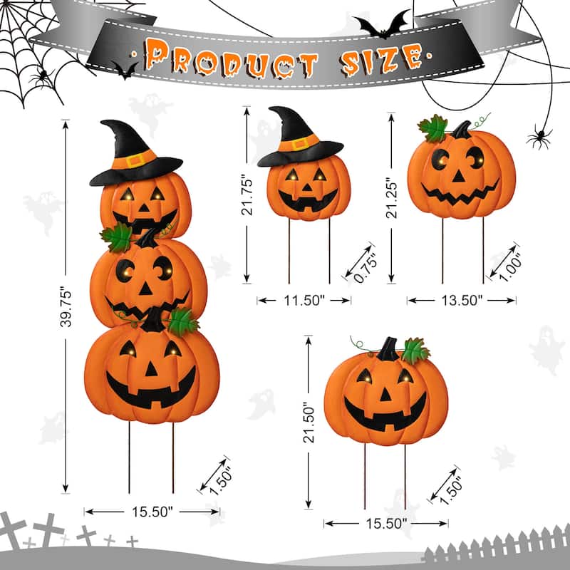 Glitzhome Lighted Halloween Metal Stacked Jack-O-Lantern Yard Stake Hanging Sign