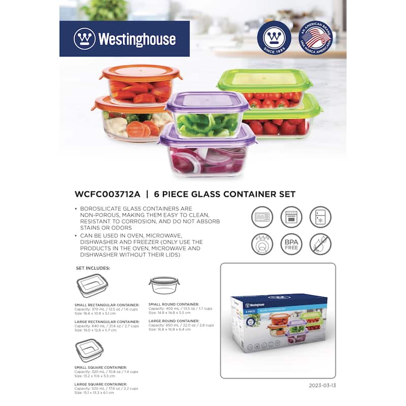 Westinghouse 6-Piece Glass Food Storage Container Set - 320ml to 650ml