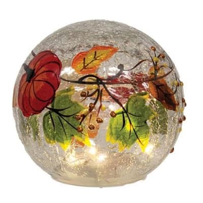 5.5"Dia Decorative LED Pumpkin Glass Globe with Painted Leaves and Glitter Autumn Table Accent
