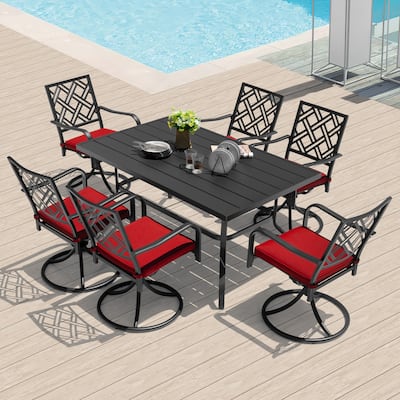 7PCS Metal Patio Dining Set with Umbrella Hole, Swivel Chairs with Cushions