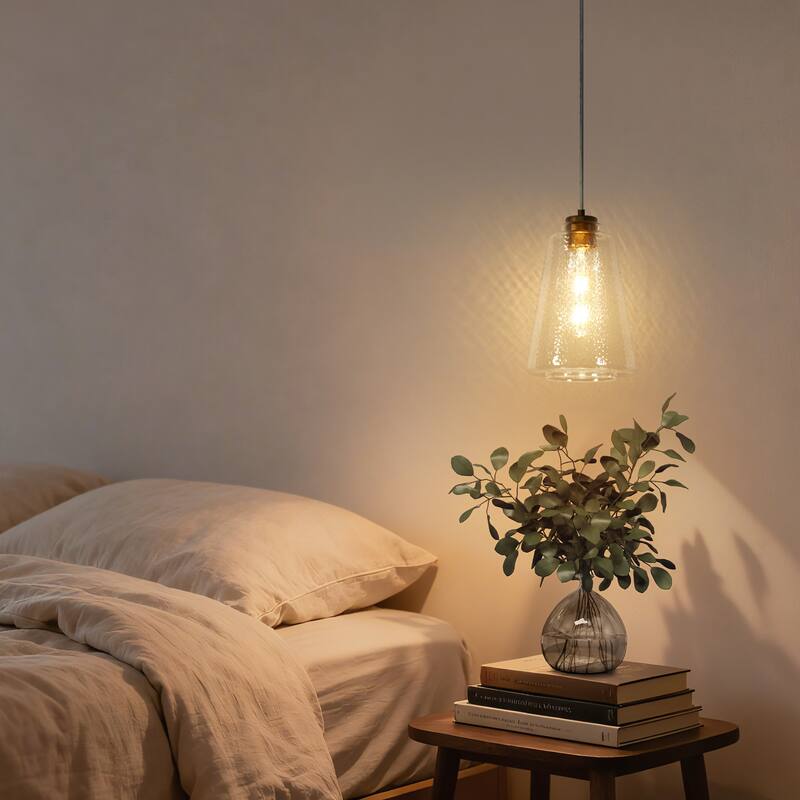 Modern Gold 1-Light Textured Clear Glass Pendant Light for Kitchen Island - D7.9"xH12.5"