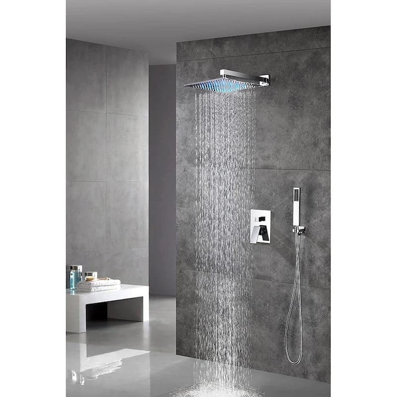chrome wall mount 12 inch 3 LED light rain head 2 way shower faucet with handle sprayer - 7'6" x 10'9"