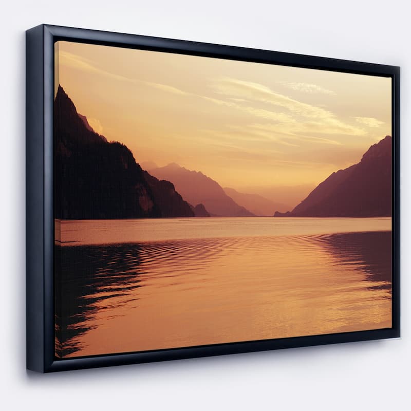Designart "Fantastic Swiss Lake at Sunset in Brienz" Extra Large Seascape Art Framed Canvas - 20 in. wide x 12 in. high - Black