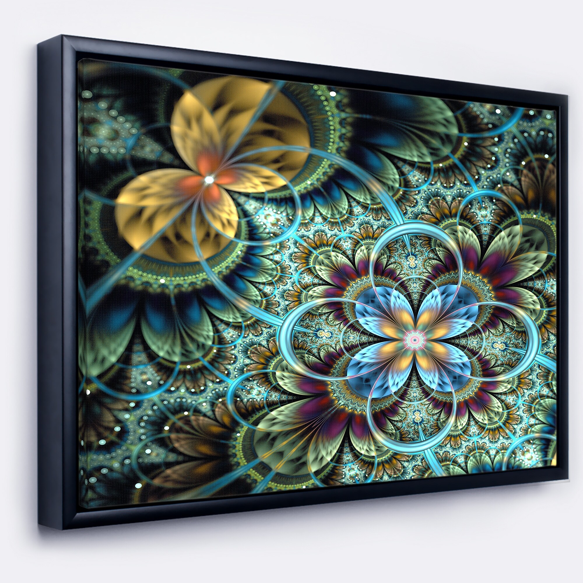 Detail of Blue Flowers On Black Background II 24 in x 32 in Framed Painting  Canvas Art Print, by Designart