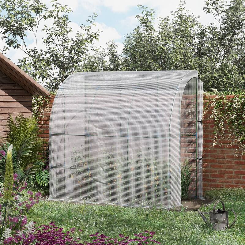 7' x 4' x 7' Outdoor Lean to Greenhouse, Walk-In Green House Plant Nursery with Roll-up Window, PE Cover, White