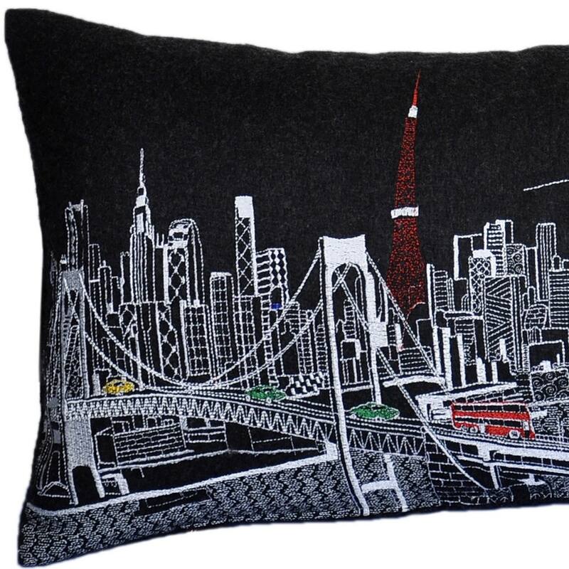 HomeRoots 35" Black Tokyo Nighttime Skyline Lumbar Decorative Pillow